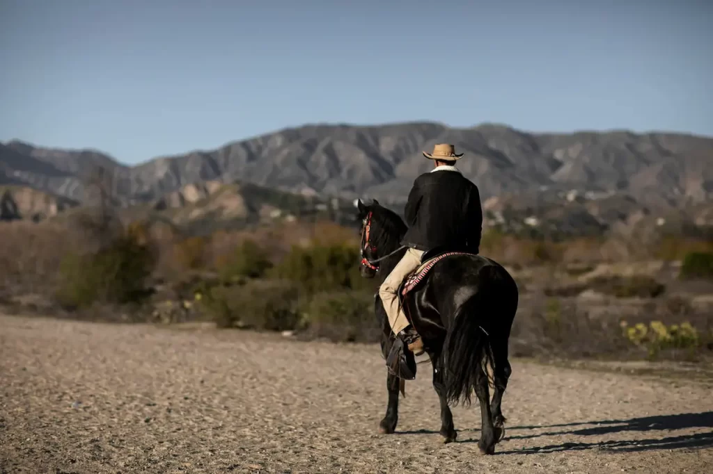 Homem andando a cavalo, utilizando um dos tipos de chapéu masculino mais populares em algumas regiões do Brasil e de outros países, o chapéu de cowboy.