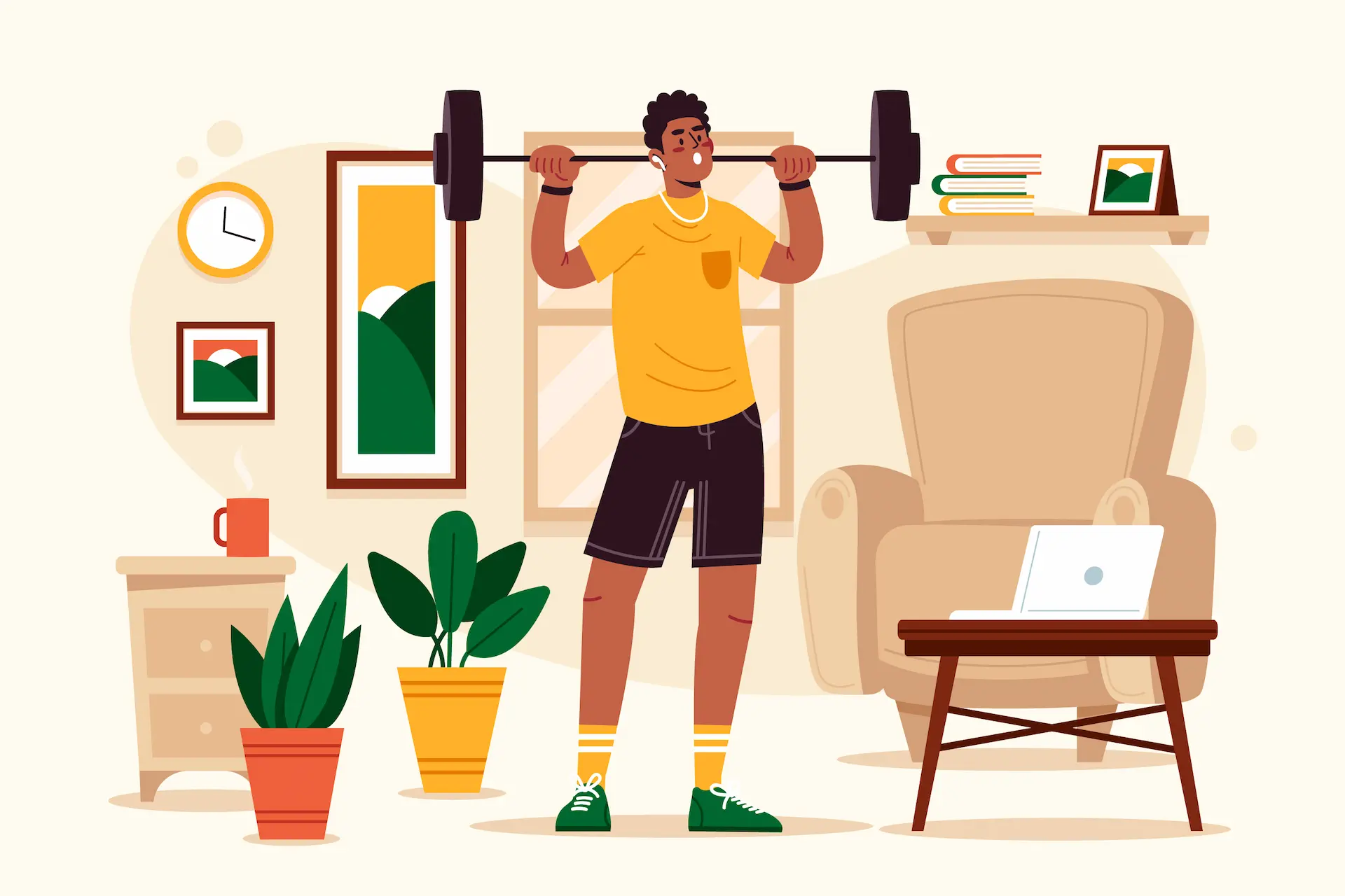 Ilustração de um homem treinando em casa. Um exemplo de bons hábitos.