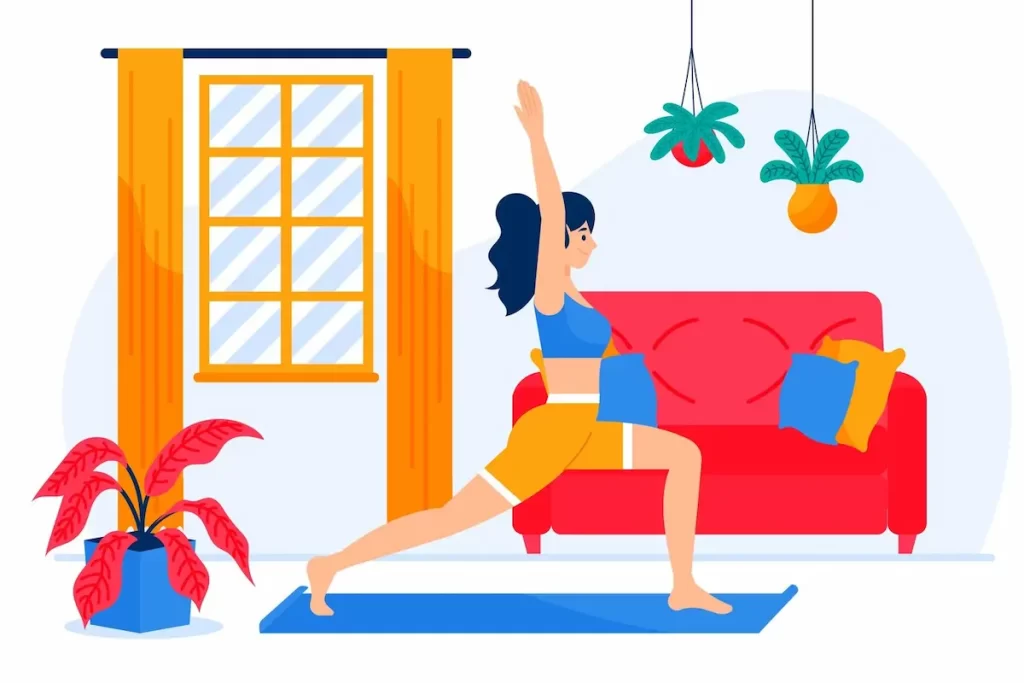 Ilustração de uma mulher praticando yoga em casa. Atividades físicas são bons hábitos e trazem diversos benefícios.