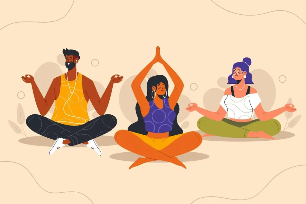 Ilustração de três pessoas meditando