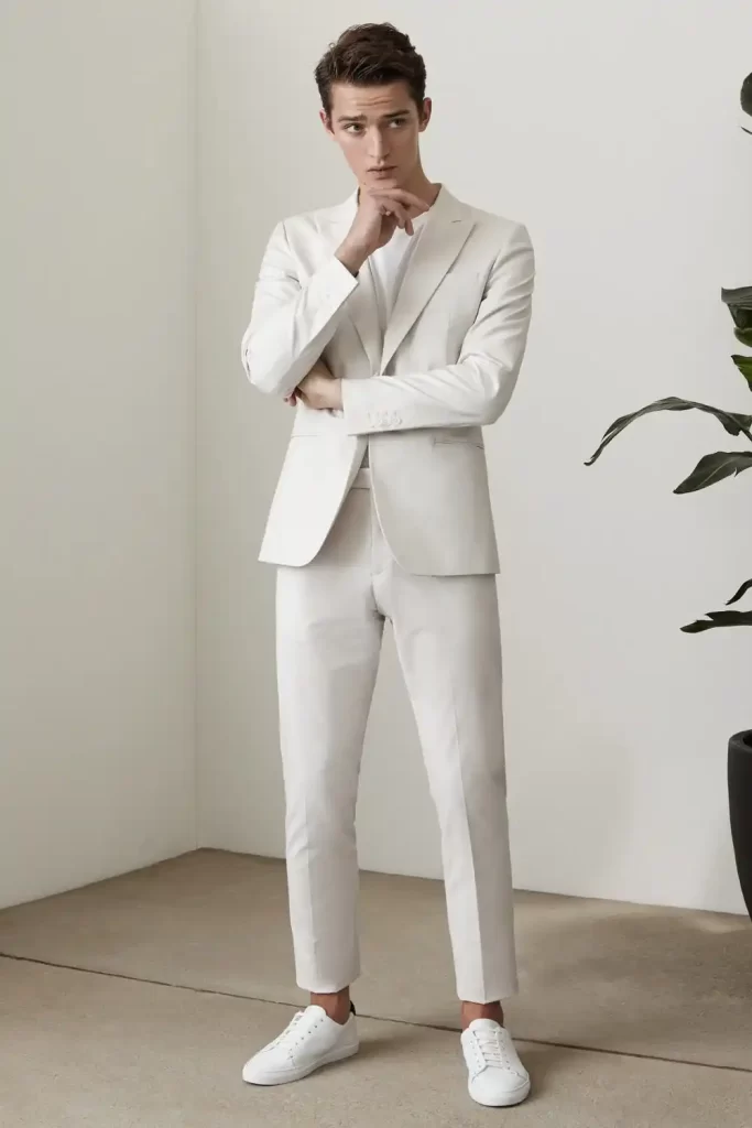 Homem usando um look elegante todo branco, composto por tênis casual, calça chino, camiseta e blazer.