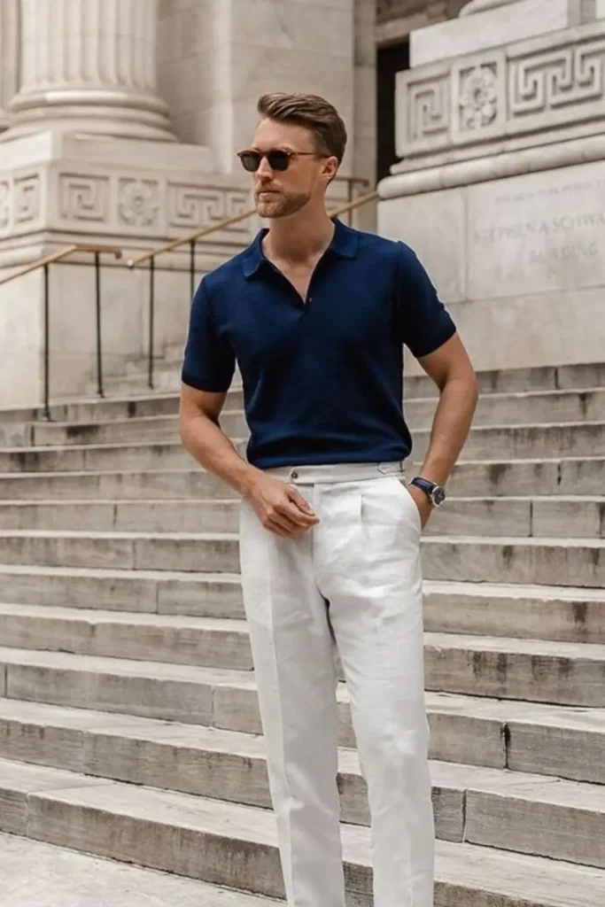 Homem usando combinação de cores azul-marinho e branco.