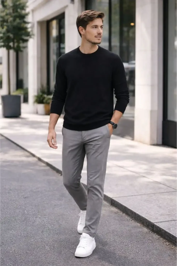 Homem usando combinação de cores de roupa cinza e preto.