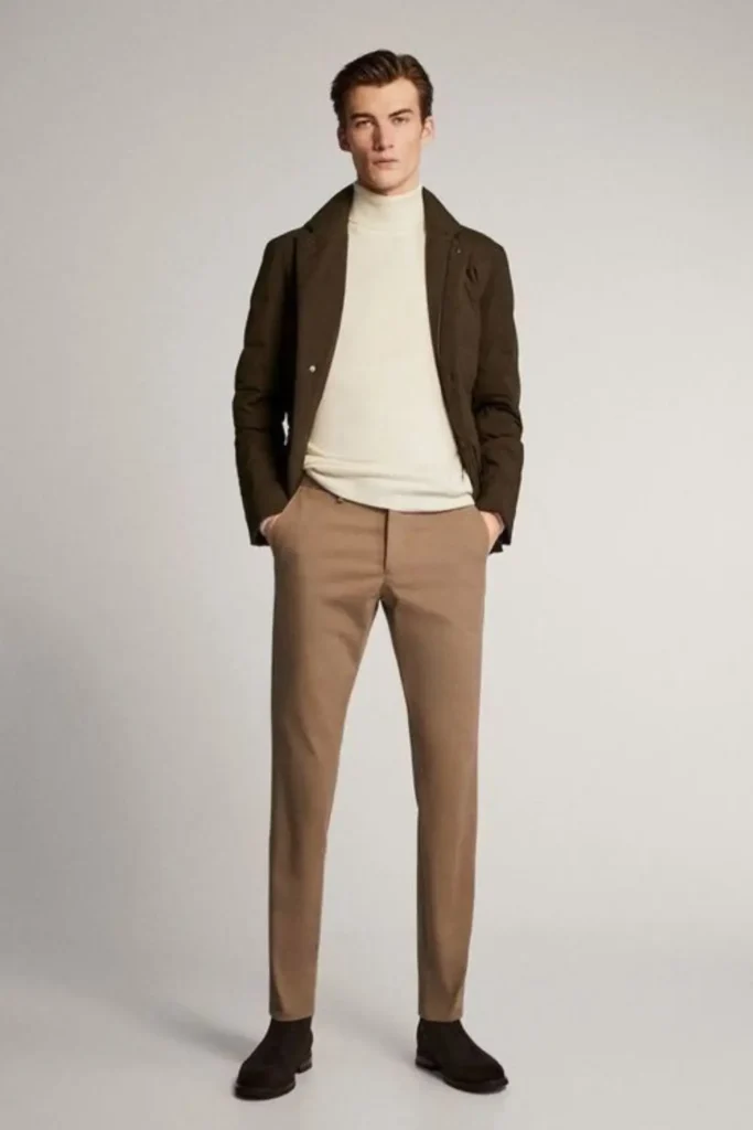 Homem usando combinação de cores de roupa marrom e bege.