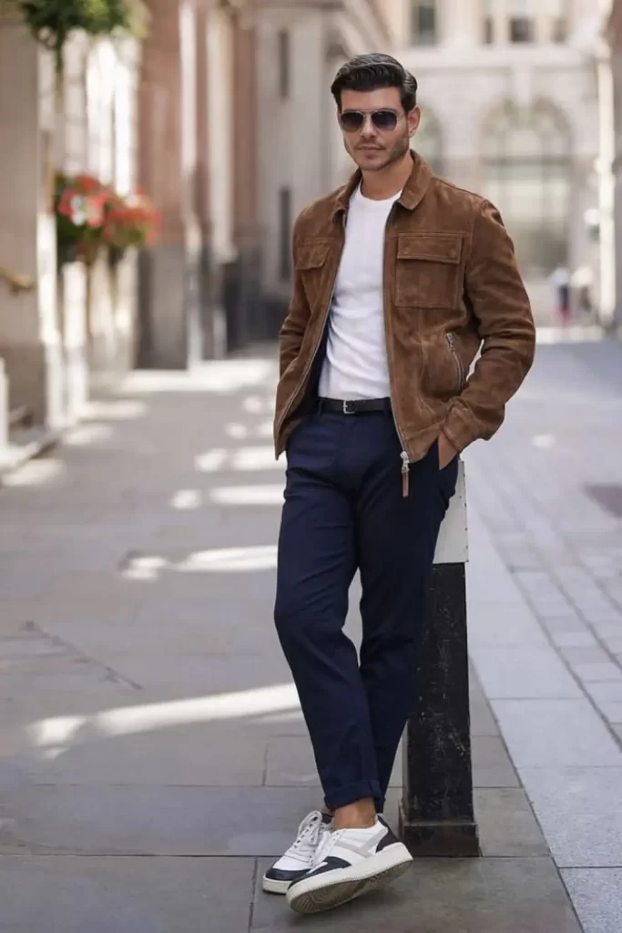 Homem utilizando calça jeans azul-escuro, jaqueta bege, camiseta branca e óculos de sol. Nos pés, um tênis branco com detalhes pretos.