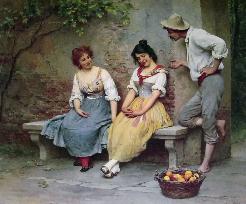 Pintura de Eugen de Blaas, representando o ato de flertar. Nela, há duas mulheres sentadas em um banco, sorridentes, e um homem de pé, conversando com elas.
