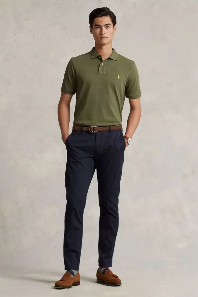 Homem usando camisa polo, calça de alfaiataria e mocassins.