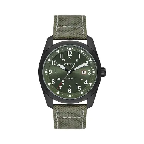 Relógio masculino casual, Orient, com caixa em aço inoxidável e pulseira em tecido.