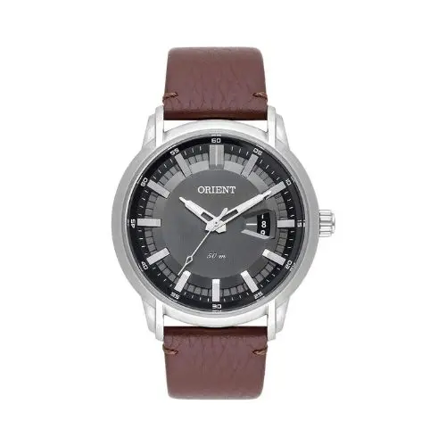 Relógio masculino Orient, com caixa em aço inoxidável e pulseira em couro.