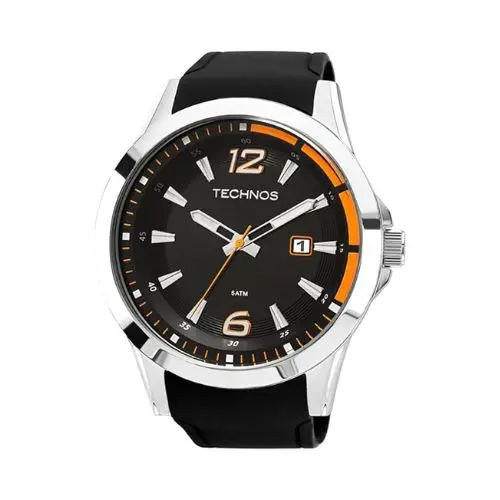 Relógio masculino esportivo, Technos, com caixa em aço inoxidável e pulseira em silicone.