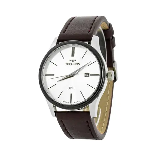 Relógio masculino Technos, com caixa em aço inoxidável e pulseira em couro.
