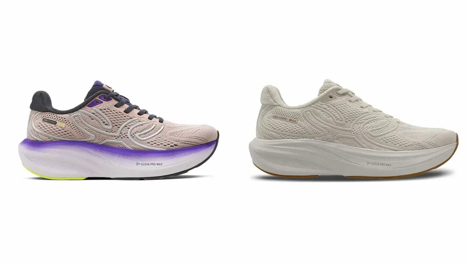 Dois tênis esportivos Olympikus Corre Max em cores diferentes. Na esquerda, um com detalhes em cores vivas. Na direita, um com cores neutras.