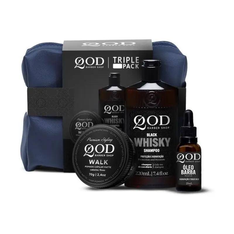 Kit QOD, contendo shampoo e óleo para barba, pomada capilar e necessaire. 