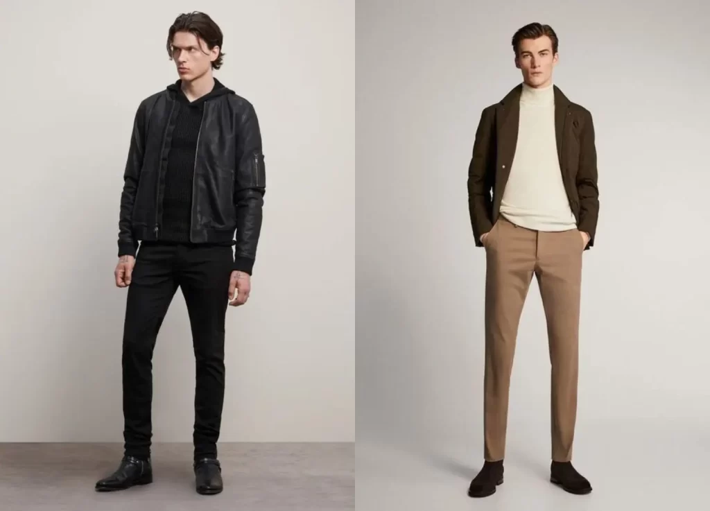 Homens bem-vestidos. Eles usam um look casual mais elaborado. O destaque vai para os calçados diferenciados, onde um utiliza uma bota de couro e o outro, um sapato em camurça.