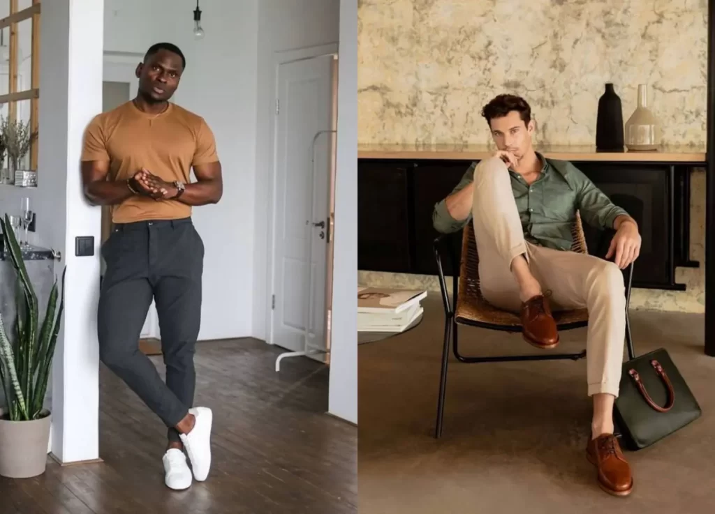 Homens bem-vestidos. Um utiliza um look básico e o outro, um mais formal. 