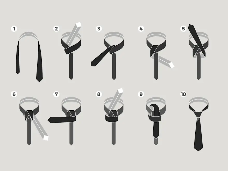 Esquema mostrando como dar nó windsor em gravata.