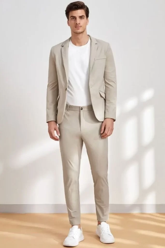 Homem usando blazer, calça de alfaiataria, camiseta básica e tênis casual.