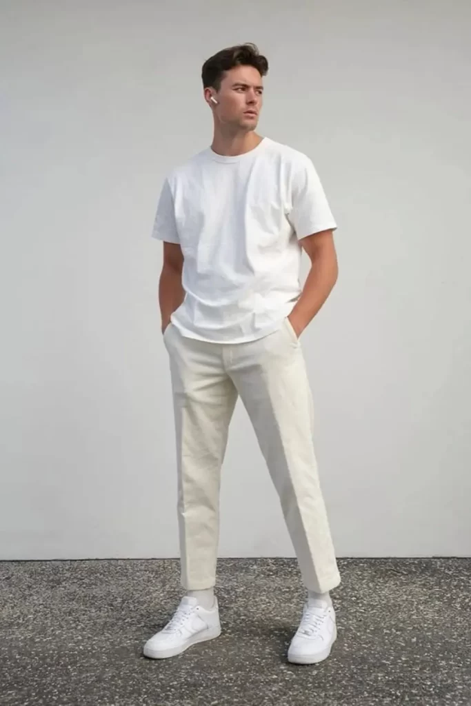 Homem usando calça chino, camiseta básica e tênis casual.