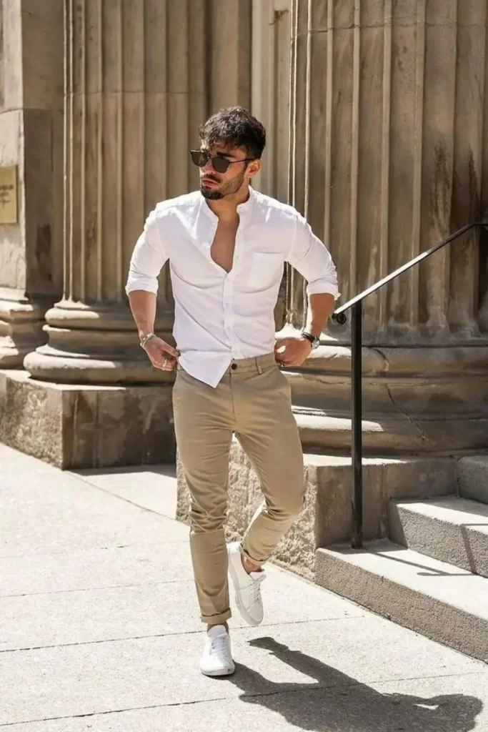 Homem usando calça chino, camisa social, tênis casual e óculos de sol.